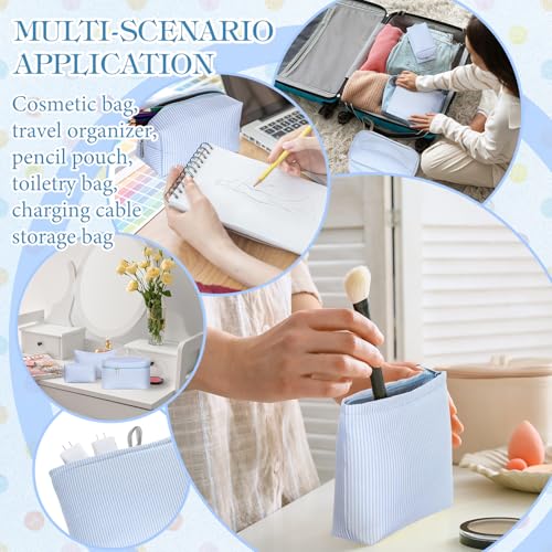 Huhumy 3Pieces Cute Seersucker Makeup Bag Set for Women, Light Blue, Stripe - color: Light Blue, style: Stripe