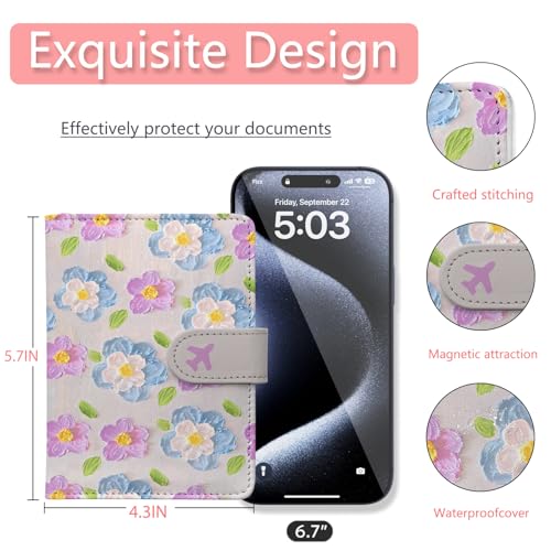 Passport Holder, Cute Travel Wallet Cover with RFID Blocking, | PU leather travel wallet with magnetic closure, card slots, pen loop, and easy access for passports and essentials. - color: E-Texture