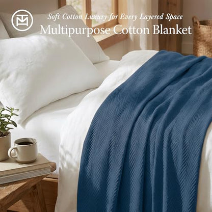 Threadmill Luxury 100% Cotton Queen Herringbone Blanket, Folkstone Blue - color: Folkstone Blue, size: Queen (90" x 92")