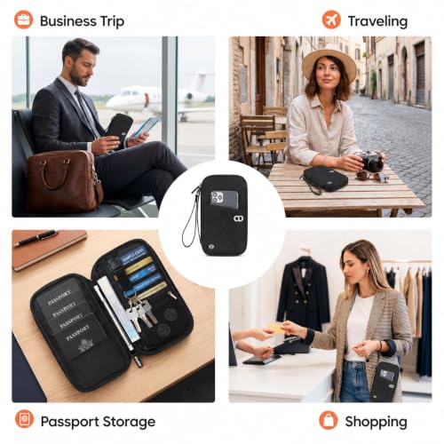 Family Passport Holder for Travel, RFID Blocking Travel Wallet with Zipper - color: Dark black