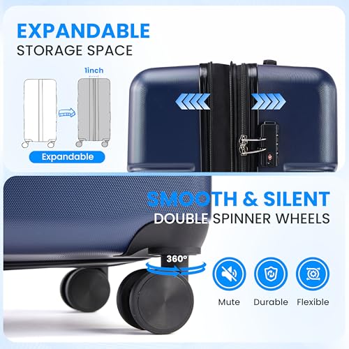 Simple Deluxe 3-Piece Luggage Sets, Suitcase with Double Spinner Wheels & TSA Lock, Hard Shell Suitcase, Expandable Rolling Lightweight Luggage, Blue - color: Blue, size: 3-Piece Set (20/24/28)