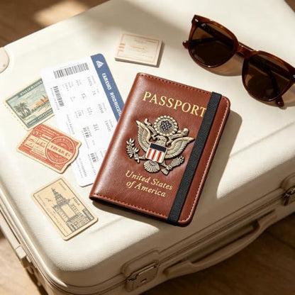 Premium Passport Holder for Travel RFID Blocking Passport Cover Slim - color: Brown