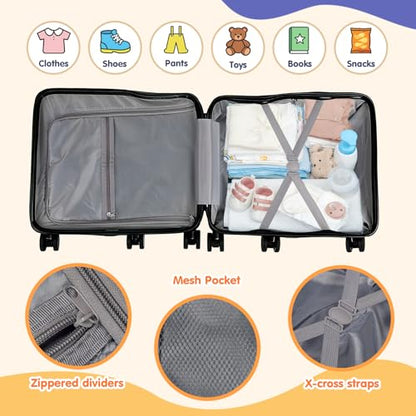 smilesun Kids Ride-On Luggage, 20" Hardshell Carry-On Suitcase with 6 Spinner Wheels, Foldable Pedal, Hidden Cup Holder & Combination Lock for Toddlers & Children (Black, 20-inch) - color: Black