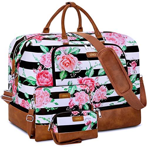 TIBES Travel Weekender Bag for Women, Overnight Bag with Shoe Compartment - color: M-Flower Black & White Strips
