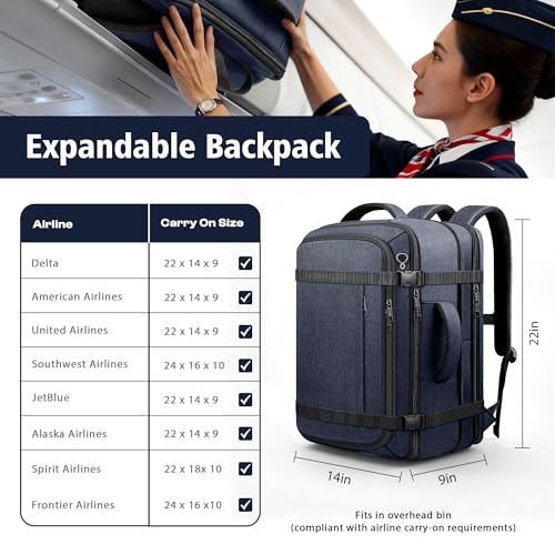 Travelability Carry On Backpack,Expandable 1-7 DAYS Roomy Travel Backpack - color: Blue, size: 18.4inch (22"x14"x5.5")