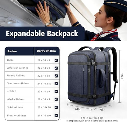 Travelability Carry On Backpack,Expandable 1-7 DAYS Roomy Travel Backpack - color: Blue, size: 18.4inch (22"x14"x5.5")