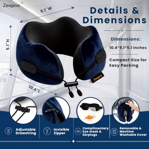 Memory Foam Neck Pillow for Travel, Airplane Pillow, Navy Blue - color: Navy Blue