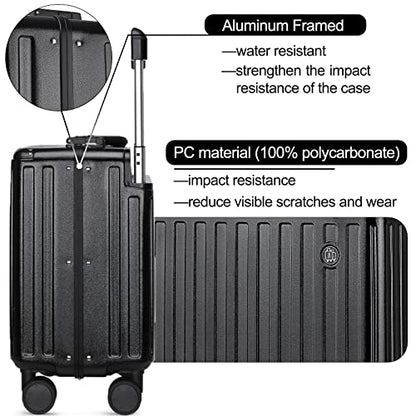 Somago Aluminum Frame 18" Carry On Luggage Wide Handle Suitcase Built-In Double TSA Lock Hardside Lightweight PC Travel Suitcase with Spinner Wheels, Black - color: Black, size: 18 Inch Carry On