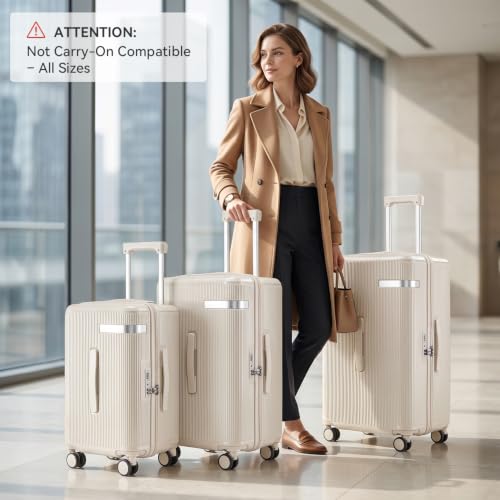 3PCS Luggage Set PC Suitcase with Wheels and Cup Holder, Beige - color: Beige