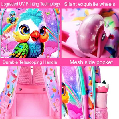 WZLVO 4PCS Rolling Backpack for Girls, Kids Roller School Bookbag with Lunch Bag, Water Resistant Wheeled Backpacks for Teens Elementary Trave - color: Pink Parrot