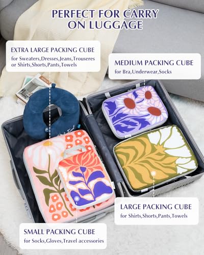 Gonex 4-Piece Compression Packing Cubes, Expandable Travel Organizers - color: Flowers, size: 4 Set
