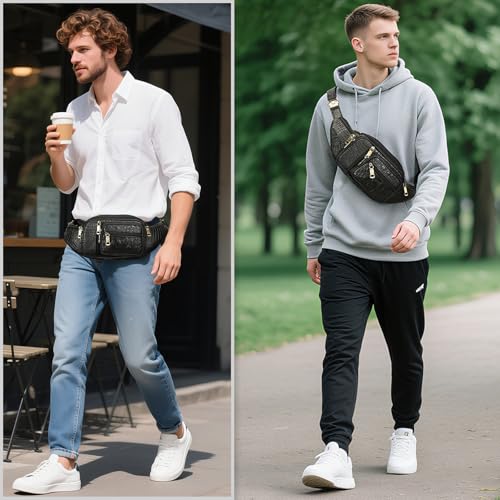 Genuine Leather Fanny Pack large capacity Crossbody Waist Bag with Zipper phone Pockets crocodile black - color: Black Croco