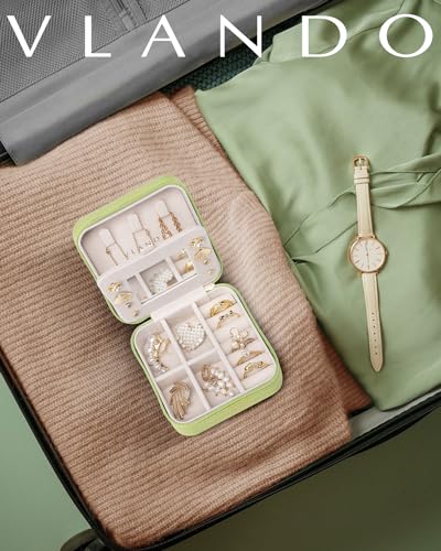 VLANDO Travel Jewelry Case with Mirror, Storage 3 Pairs of Stud Earrings - color: K.Green - Mirror
