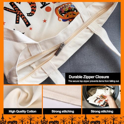 Canvas Tote Bag with Zipper for Women, Halloween Trick or Treat Bags Bulk - color: [A0] Halloween - Beige