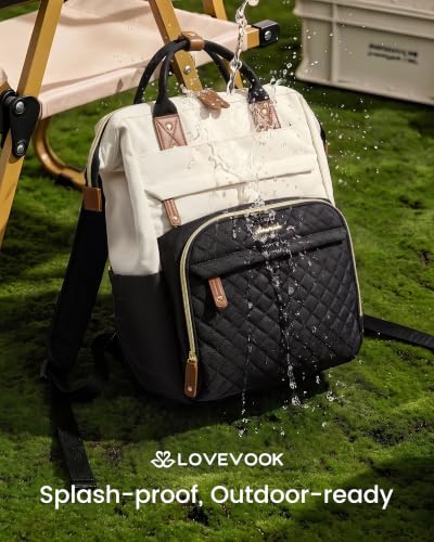 LOVEVOOK Laptop Backpack Women Quilted Teacher Nurse Work Backpack Purse - color: Cream Black, size: 15.6 inch-Cup
