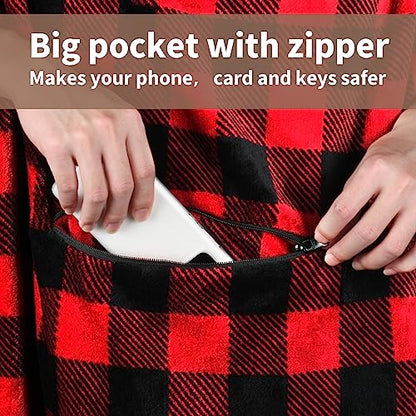 Tirrinia Travel Portable Blanket with Feet Pocket Airplane Office Poncho - color: Plaid Red, size: 50x70 inch (Button Back / Foot Pocket)