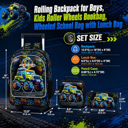gxtvo Kids Rolling Backpack, Roller Wheels Boys Bookbag, Wheeled Suitcase Elementary School Bag-3PCS Dinosaur/Unicorn/Mermaid - color: Uv Printing Car Rolling Backpack