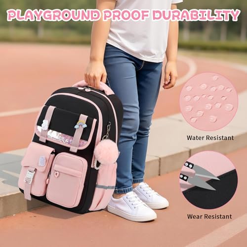 MUSEVOS Girls Backpack, Kids Backpack for Girls, School Bookbag for Teens Age 6-15, Large Capacity Water Resistant Backpack for Elementary to High School, Cute Travel Daypack, Black Pink - color: Black Pink