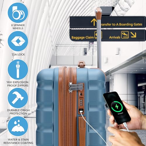 Flight Knight 22x18x10 Expandable Carry On Suitcase Hardside TSA Lock & USB C Port Lightweight Luggage Silent Double Spinner Wheels Maximum Spirit Overhead Carry-On Bag Airlines Approved Blue/Tan - color: Blue/Tan, size: 22x18x10"
