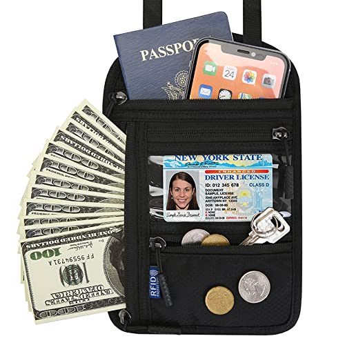 Travel Neck Wallet Pouch Passport Holder Cell Phone Purse Crossbody Bag for iPhone 15 Pro Max 16 14 Plus 13 12 Mini 11, Galaxy S25 Ultra S24 S23 S22 Plus S21 S20 FE Note 20 A16 A15, Pixel 9 8a (Black)