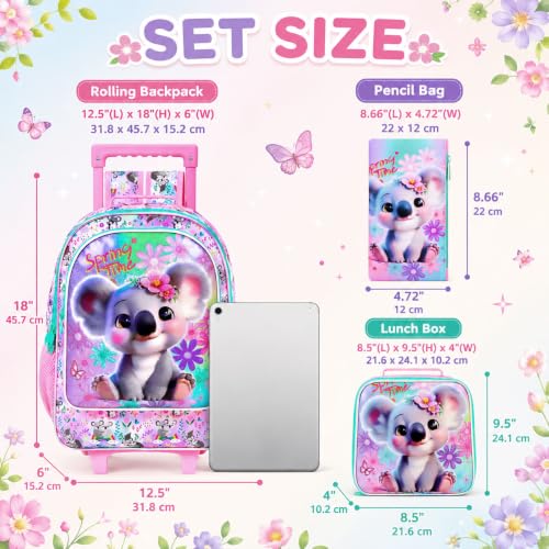 UFNDC 4PCS Rolling Backpack for Girls, Cute Kids Koala Wheeled Bookbag，Roller School Bag with Wheels for Elementary Preschool Travel - color: UV Printing Koala Pink Rolling Backpack