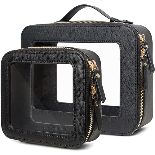 Clear Makeup Bag Small, TSA Approved Portable Toiletry Bag with Zipper Cosmetic Travel Bag Makeup Organizer Case Mini Makeup Pouch for Purse Car Organizer Bag for Women Men - color: Mini+Large Black