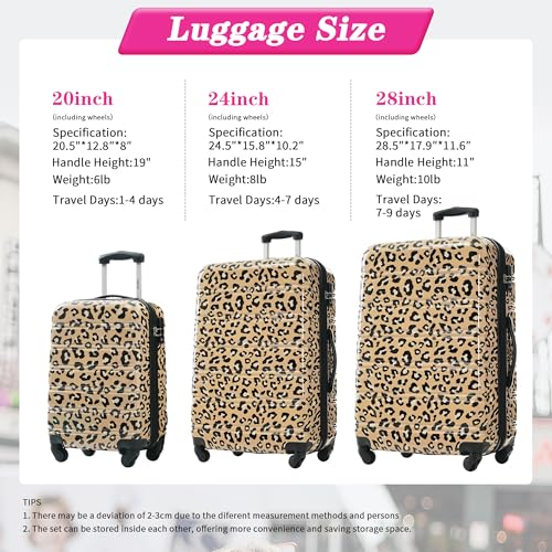 Merax 3-Piece Luggage Set,Leopard Print Hardshell Suitcases. - color: Brown Leopard, size: 3 Piece(20/24/28)
