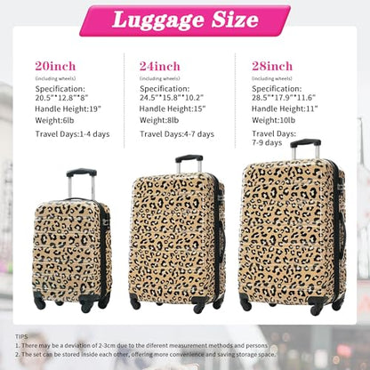 Merax 3-Piece Luggage Set,Leopard Print Hardshell Suitcases. - color: Brown Leopard, size: 3 Piece(20/24/28)
