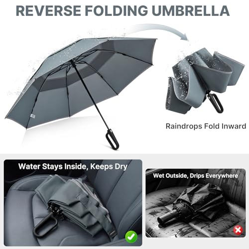 G4Free 46inch Ring Buckle Umbrella, Inverted Design with Carabiner Handle - color: Grey