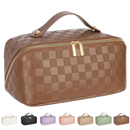 ALEXTINA Travel Makeup Bag, Checkered PU Leather Cosmetic Bag, Brown - color: brown, size: Medium