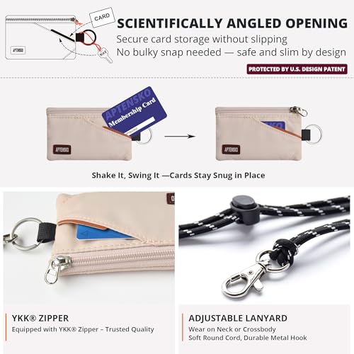 RFID 차단 여행용 지갑, 조절 가능한 랜야드 포함, 작은 나일론 지퍼 파우치 및 신분증, 신용 카드, 현금, 열쇠, 통근자용 배지 홀더, 아몬드 화이트., 끈이 달린 RFID 차단 여행용 지갑 - color: 아몬드 화이트.