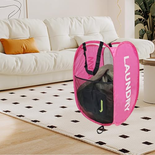 Pink Mesh Dirty Clothes Basket for Laundry Room, Dorm Pop Up Hamper - color: Pink - 2Pack