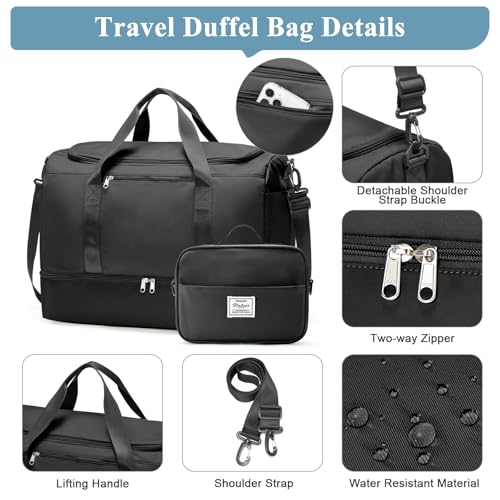 Travel Duffle Bag with Shoe Compartment, XL Weekender Bags for Women - color: B-Black with Toiletry Bag, size: Extra Large