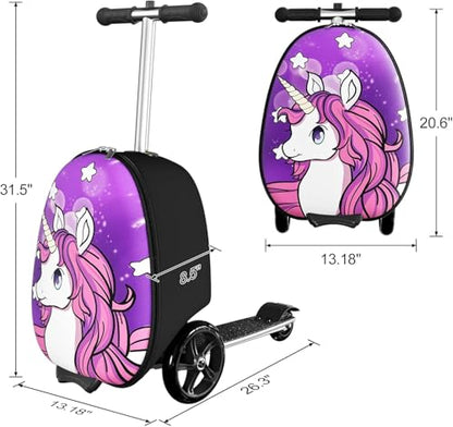 Baotree Scooter Suitcase for Kids, 2 in 1 Ride-on Luggage with Flash PU Wheels, Adjustable Handle & TPR Non-Slip Grip, Foldable & Lightweight, Ages 5-12 - color: Purple