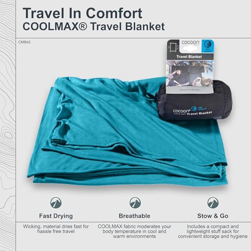 COCOON Coolmax Travel Blanket - Peacock Green | Quick-drying COOLMAX fabric, Breathable moisture-wicking comfort, Lightweight compact blanket for travel and camping - color: Peacock Green