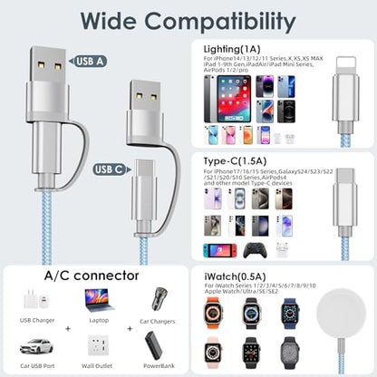 Travel Essentials,Multi Charging Cable for Apple Watch iPhone Charger Blue - color: Blue, size: 1Pack-4FT