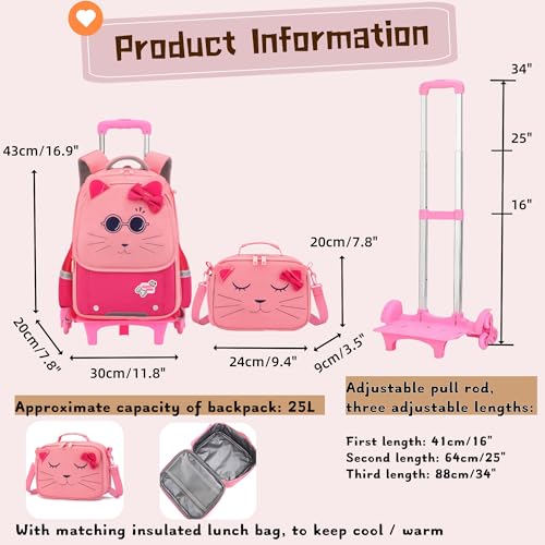 2Pcs Girls Rolling Backpack, Cute Cat Face Kids School Bag Bookbag Roller Backpack for Girls with 6 Wheels, 2Pcs-Pink - color: 6 Wheels-2pcs-pink, style: 6 Wheels