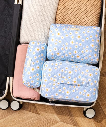 HBselect Quilted Makeup Bag, 3Pcs Cotton Large Travel Makeup Bags Organizer - color: A-3PCS-Daisy