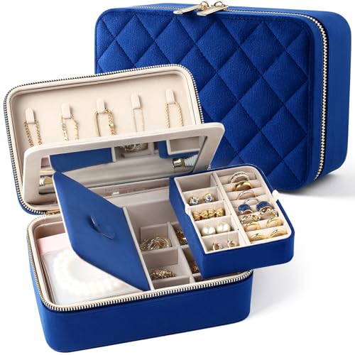 Velvet Travel Jewelry Organizer Case with Large Mirror for Women - color: Navy Blue