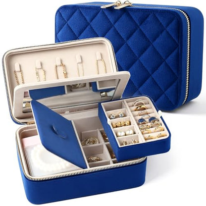 Velvet Travel Jewelry Organizer Case with Large Mirror for Women - color: Navy Blue
