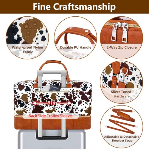 ITIEZY Weekender Bag for Women 21.5" Travel Duffel Large Carry On Bag 3PCS - color: 5-Brown Cow