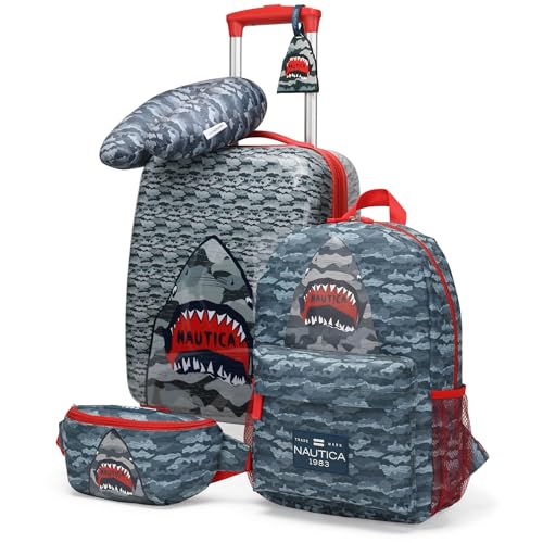 Nautica Kids Luggage - 18" Airline Approved Rolling Hardside Upright Carry-on Suitcase Set with Wheels (Shark Attack | 5pc Travel Set) - color: Shark Attack | 5pc Travel Set