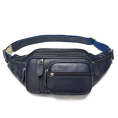 Genuine Leather Fanny Pack large capacity Crossbody Waist Bag with Zipper phone Pockets dark blue - color: Dark Blue