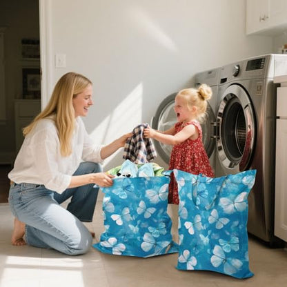 Travel Laundry Bags 2 PC Wet Dry Bag with Handle Dirty Clothes Organizer for Swimsuits Beach Camping Waterproof Washable Ink Blue Butterfly - color: Ink Blue Butterfly