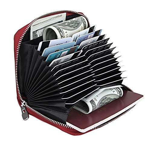 boshiho RFID Blocking 24 Slot Credit Card Holder Wallet Real Leather Multi Card Organizer Wallet with Zipper - color: red