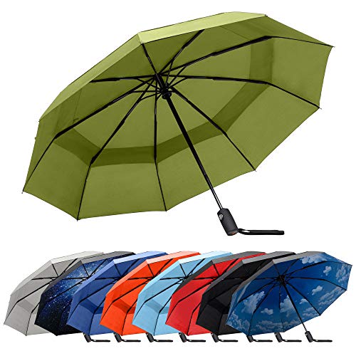 RainPlus Windproof Travel Umbrella - Compact, Automatic, Folding and Portable - Umbrellas For Rain for Men and Women - Car, Backpack, Purse, Strong & Wind Resistant - color: Green