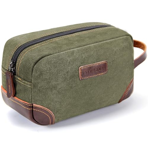 emissary Men's Canvas Travel Toiletry Bag, Leather Dopp Kit - Dark Green - color: Dark Green