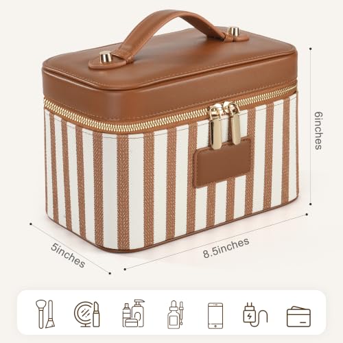 Makeup Bag Travel Toiletry Leather Cosmetic Case, Waterproof Makeup Organizer with Brush Holder, Wipe Clean Removable Divider Vanity Train Bag for Women, Caramel Brown - color: Caramel Brown