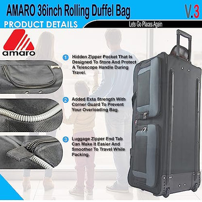 AMARO 36 Inch Rolling Duffle Bag with Wheels, Extra Large Heavy Duty Travel Duffel Luggage with Telescopic Handle, Multiple Pockets, Collapsible Storage, Black/Grey - size: X-Large
