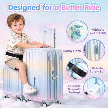 Ride On Suitcase for Kids 2 Piece Carry On Luggage Set (Macaron Gradient) - color: Macaron Gradient
